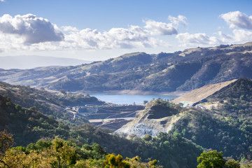 View towards Calaveras reservoir, where a new dam is being built;  Calaveras Reservoir is part of the Hetch Hetchy system that captures water in the Sierra; east San Francisco bay area; California