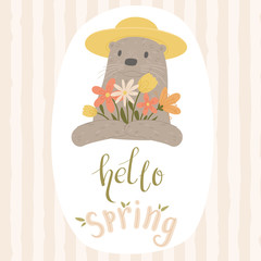 Hello Spring vector illustration. Otter gardener with flowers.