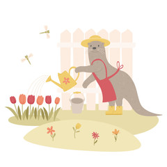 Otter gardener watering flowers in garden