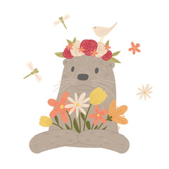 Otter in floral wreath holding flowers.