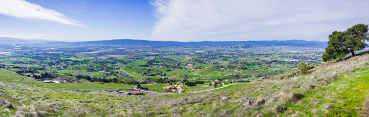 Panoramic view of the towns of South Valley (Gilroy, San Martin, Morgan Hill) as seen from Coyote...
