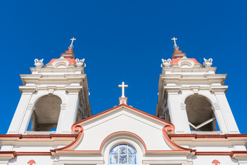 Close up of the facade of Five Wounds Portuguese National Church, the Portuguese parish in San...