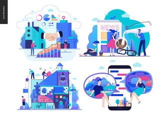 Business series set, color 2 -modern flat vector concept illustrated topics - b2b, news, collaboration, chat. Creative landing web page design template