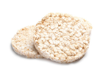 Crunchy rice cakes on white background. Healthy snack