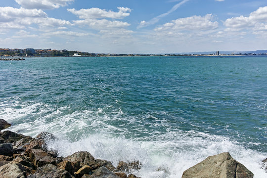 Panorama from coastline of Nessebar to resorts of Sunny Beach, St. Vlas and Elenite, Burgas Region, Bulgaria