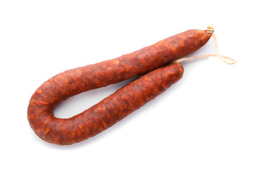 Tasty sausage on white background, top view. Meat product