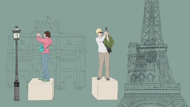 Cute, retro cartoon animation of tourists in Paris, standing on boxes in order to get photos of all the beautiful architecture and sites. Hand drawn illustrations.