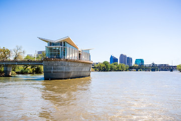 The new and modern Sacramento River Intake Facility; the city's skyline in the background,...