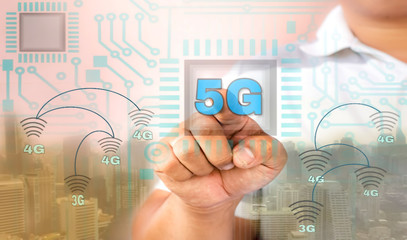 Businessman hands that touch the 5G network communication / concept of modern network technology.