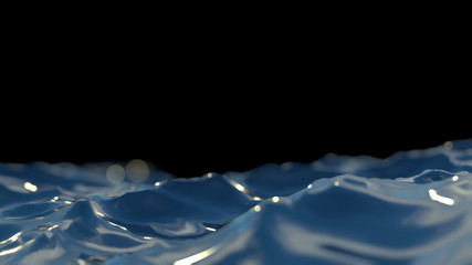 Closeup of beautiful clear deep blue turquoise sea ocean water surface with ripples and waves isolated on seascape black night background. horizontal picture 3d illustration with copyspace for your