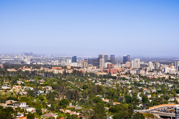 Aerial view towards the skyline of Century City commercial district; the downtown area skyscrapers...