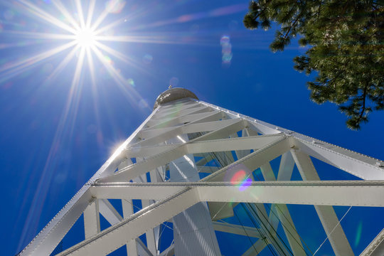 The 150-foot solar tower on top of Mt Wilson (built in 1910) is used primarily for recording the magnetic.field distribution across the Sun’s face several times a day; Mt Wilson, California