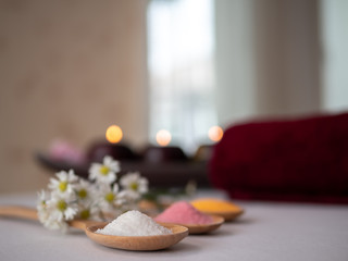 Spa theme object with Salt on bed. Spa composition background