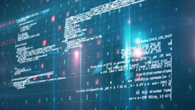 Animation of blue lights and computer code against black background