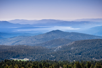 View towards Almanor Lake from the trail to Lassen Peak, Lassen Volcanic National Park, Northern...