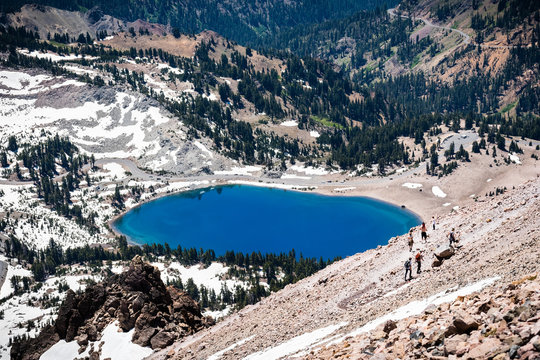 Aerial view of Lake Helen as seen from the trail to Lassen Peak; Lassen Volcanic National Park, Northern California