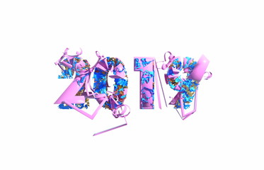 Happy New Year Banner with 2019 trendy pink color Numbers made by plastic and organic matterwhite Background. Abstract 3d illustration