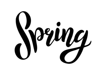 Hand sketched Spring text as logotype, badge and icon. Postcard, card, invitation, flyer, banner template. Lettering typography isolated on white background. Season s Greetings