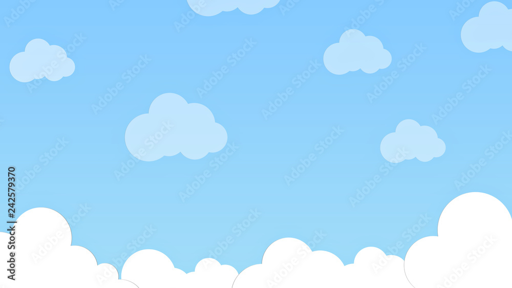 Poster blue sky with white clouds flat style simple. soft cloudy gradient pastel. abstract paint background