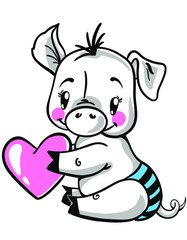 Vector illustration of cute cartoon piggy with pink heart. Hand drawn line art style design