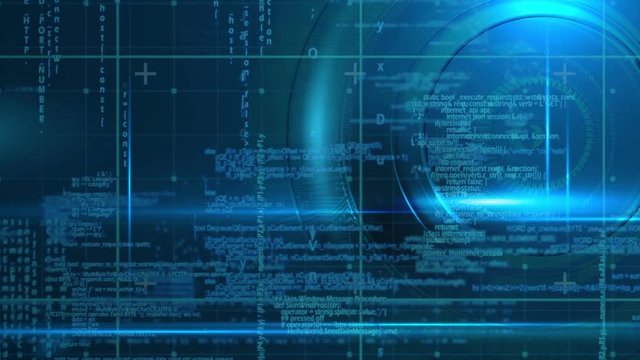 Animation of camera lens and computer code against black background