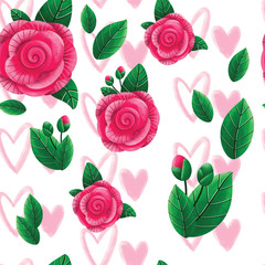 Doodle seamless pattern of hand drawn roses and hearts. illustration print for valentines day or wedding decor.
