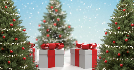 red white christmas presents with christmas trees  3d-illustration