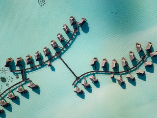 Luxury overwater villas with coconut palm trees, blue lagoon, white sandy beach at Bora Bora...