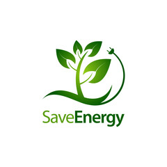 Save energy stem leaves with electric plug icon logo concept design template