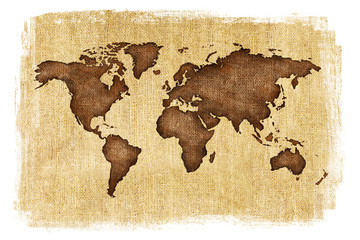 Textured illustration of map of the world with burlap linen background. White edges. Vintage style with stained edges.
