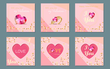 Fototapeta na wymiar Valentine's day cards set. Flat style vector illustration. Love, romantic, hearts,ornament, glitter template.