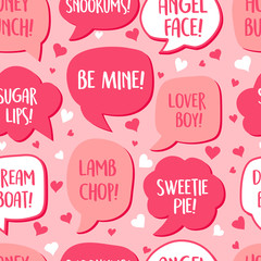 Seamless pattern of Valentines Day talk bubbles with cute names and phrases. for gift wrap, backgrounds, scrapbooks, banners. Vector illustration.