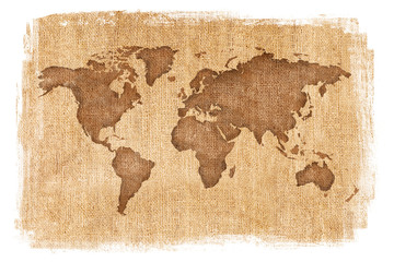 World map layered over a textured burlap background with antique finish and white edges. Tan and brown neutral colors.