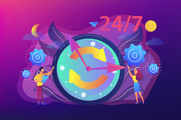 Businessman and woman near huge clock with round arrows working 24 7. 24 7 service, business time schedule, extended working hours concept. Bright vibrant violet vector isolated illustration