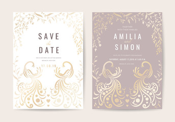Obraz na płótnie Canvas Luxurious Wedding invitation cards with marble and Golden texture background Vector.