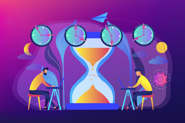 Busy businessmen with laptops near hourglass working in different time zones. Time zones, international time, world business time concept. Bright vibrant violet vector isolated illustration