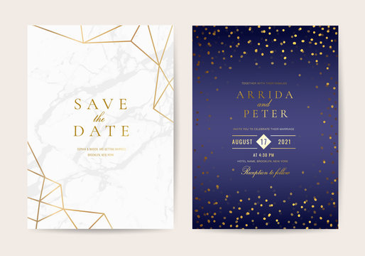 Luxurious Wedding invitation cards with marble and Golden texture background Vector.