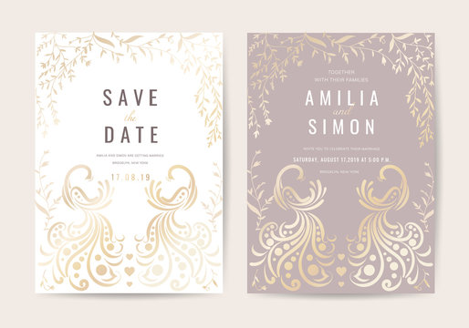 Luxurious Wedding invitation cards with marble and Golden texture background Vector.