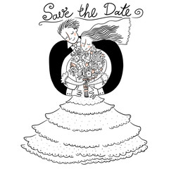 Save The Date Wedding invitation card with bride and groom couple in love and bridal bouquet. Isolated Vector Cartoon Doodle © Yulia
