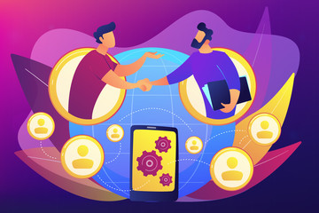 Businessmen handshaking through smartphone. Mobile collaboration, collaborative tools and mobile teamwork, mobile and innovative networking concept. Bright vibrant violet vector isolated illustration
