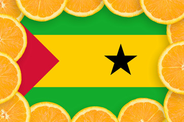 Sao Tome and Principe flag  in fresh citrus fruit slices frame