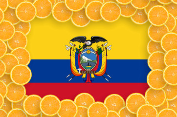 Ecuador flag  in fresh citrus fruit slices frame