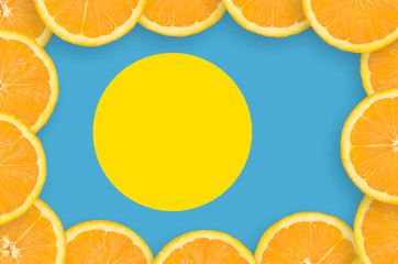 Palau flag  in fresh citrus fruit slices frame