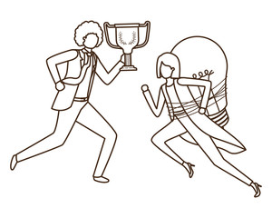business couple with trophy and light bulb