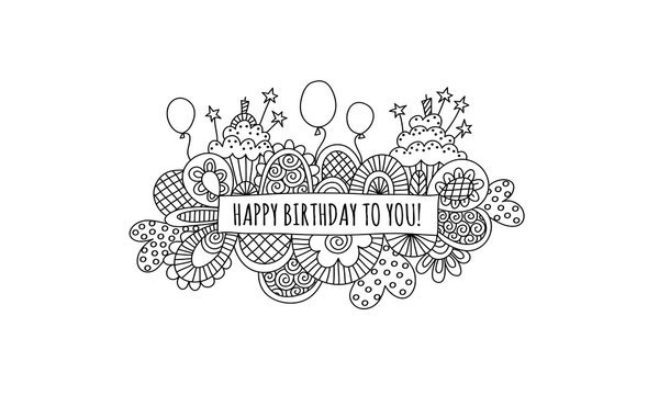 Happy birthday doodle vector illustration with balloons, birthday cakes, candles, hearts, stars and abstract shapes