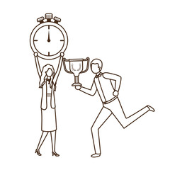 business couple with clock and trophy avatar character