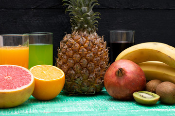 asian raw fruits set, vitamins for health, fruits juice