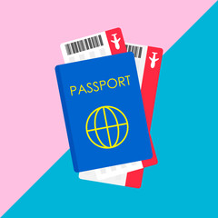 Passport and airplane tickets on pastel pink and blue background