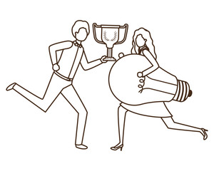 business couple with trophy and light bulb