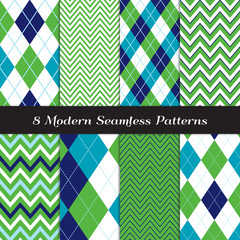 Golf Style Chevron and Argyle Seamless Patterns in Grass Green, Navy, Blue and White with Sky Blue Stripes. Modern Preppy Style Prints. Pattern Tile Swatches included. - 242587992